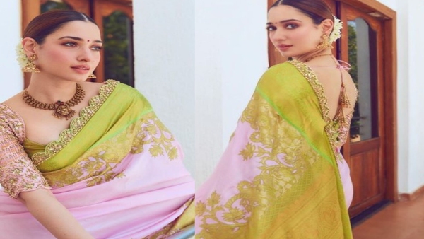 Tamanna has carried a silk saree with zari work in pink and pistachio green color. Along with this, Tamanna has paired matching blouse. Tamanna has carried a silk saree with zari work in pink and pistachio green color. Along with this, Tamanna has paired matching blouse.