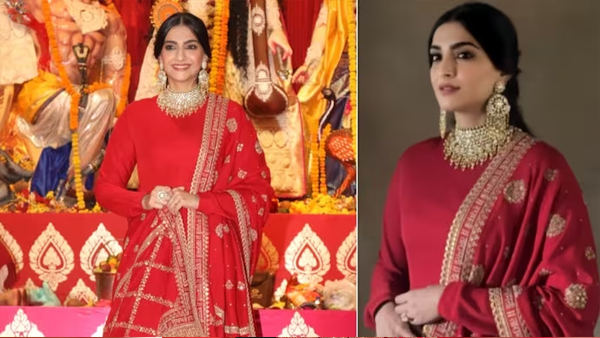  Karwa Chauth Anarkali Suit: Sonam Kapoor Red And Gold Sabya