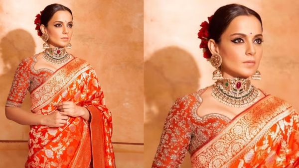 Kangana Ranaut’s Wore multi-curve Blouse with Rust Banarasi Kangana Ranaut’s Wore multi-curve Blouse with Rust Banarasi