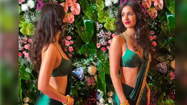 Disha Patani Wear Green Saree With Deep-plunging Neckline Blouse Design In Ekta Kapoor Diwali Party