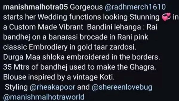 Radhika Merchant Wore Durga Shlok -Inscribed Bandhani Lehenga