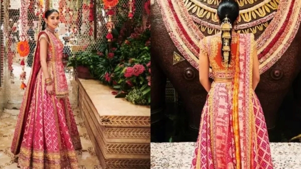 Radhika Merchant Wore Durga Shlok -Inscribed Bandhani Lehenga