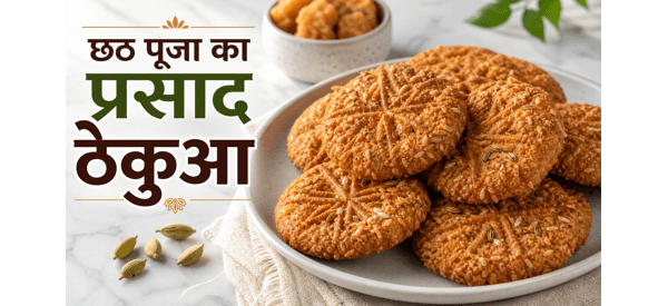 सुनहरा और खस्ता पारंपरिक ठेकुआ प्रसाद की थाली