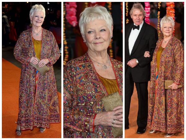 Judi Dench In Bright Abu Sandeep Khosla Gown | Judi Dench At Second Best Exotic Marigold Hotel London | Judi Dench In Colourful Kaftan Judi Dench In Bright Abu Sandeep Khosla Gown | Judi Dench At Second Best Exotic Marigold Hotel London | Judi Dench In Colourful Kaftan