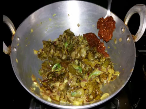 add chilli paste to onions and leaves