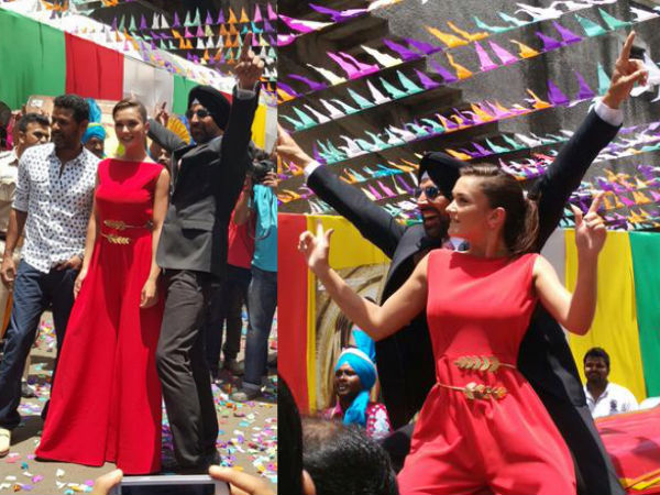 Amy Jackson Goes Red At Singh Is Bling Trailer Launch