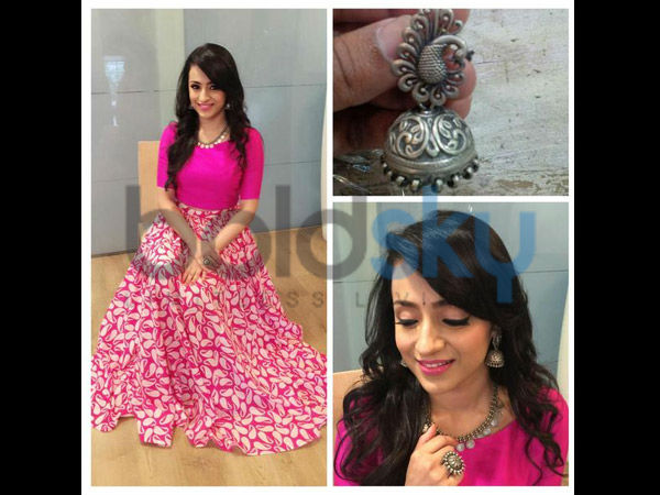 Trisha In Pink Mogra Designs At Nayaki Muharat
