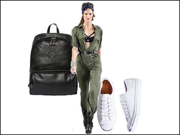 military jumpsuit with white sneakers