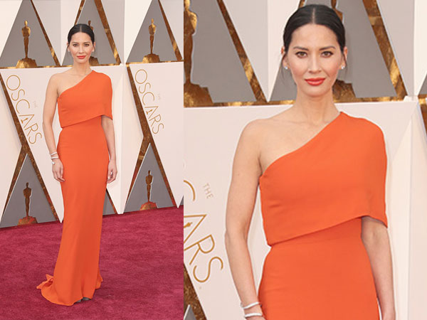 Olivia Munn In Scarlet Orange Column Dress