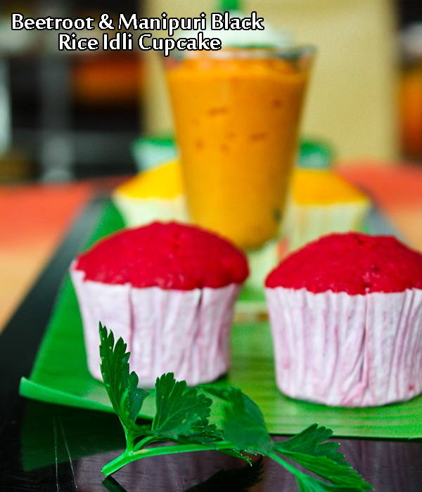 beetroot and manipur black rice idli cupcake