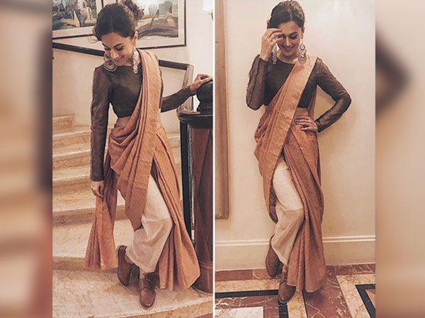 Taapsee And Men Boots With Saree Trend 