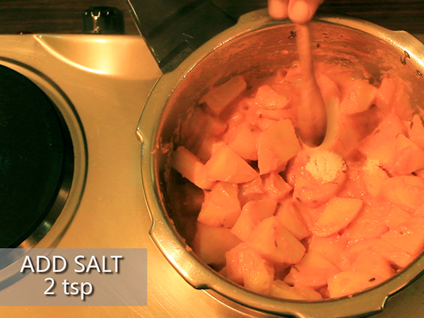  STEP BY STEP – HOW TO MAKE ALOO MUTTER GRAVY 1. Add a tablespoon of oil in a heated pan. 2. Add the chopped onions. 3. Sauté well until it turns to golden brown in colour. 4. Add the cut tomatoes and sauté continuously for a minute to avoid it from burning. 5. Add the grated ginger and 4 garlic cloves. 6. Add the chopped green chillies and sauté well for a minute. 7. It is done once the skin of the tomatoes starts to peel off. 8. Allow it to cool for 10 minutes. 9. Meanwhile, take 3 washed potatoes and peel the skin off. 10. Further, cut it into cubes. Keep it aside. 11. Add the sautéed mixture in a mixer jar. 12. Grind it into a smooth paste. Keep it aside. 13. Now, add 2½ tablespoons of oil in a heated pressure cooker. 14. Add jeera and allow it to splutter. 15. Add the cut potatoes and stir well. Let it cook for a minute. 16. Add the ground paste and mix it well. 17. Then, add salt and turmeric powder. 18. Add red chilli powder and dhaniya powder to spice up the dish. Mix well. 19. Add the green peas and mix it again. 20. Further, add a cup of water. 21. Close the lid and pressure cook it for upto 3 whistles. 22. Once done, take it off the stove and allow the pressure to settle. 23. Now, open the lid and add garam masala and jeera powder to it. 24. Finally, garnish it with coriander leaves. 25. Serve hot.