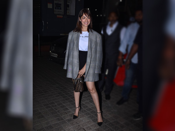 Yami Gautam In A White Tee, Black Skirt, And Grey Blazer