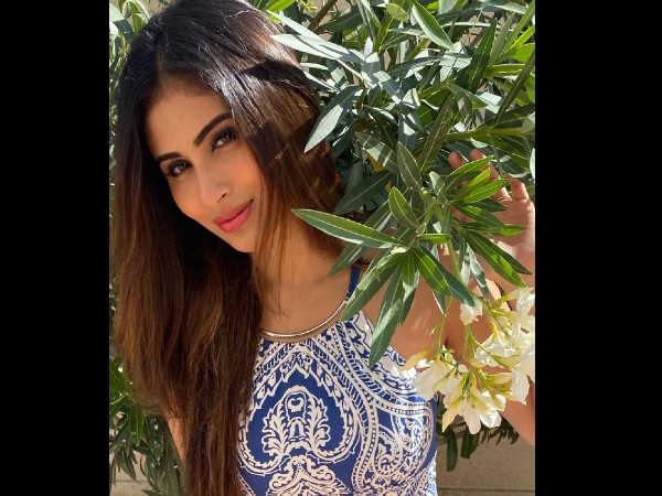 Mouni Roy in a blue printed dress