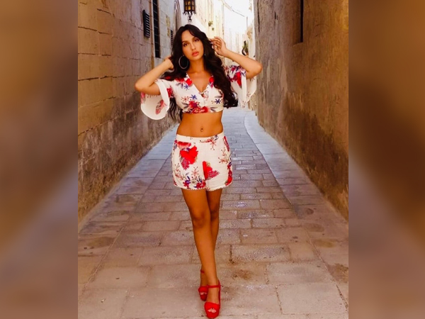 Nora Fatehi In Red Printed Separates Nora Fatehi In Red Printed Separates
