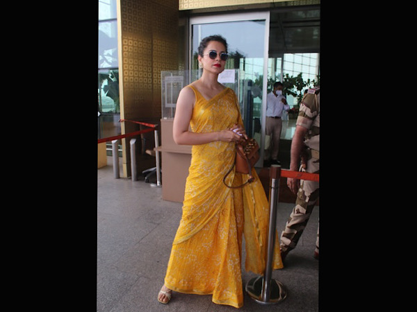 Kangana Ranaut In A Bright Yellow Saree At Airport