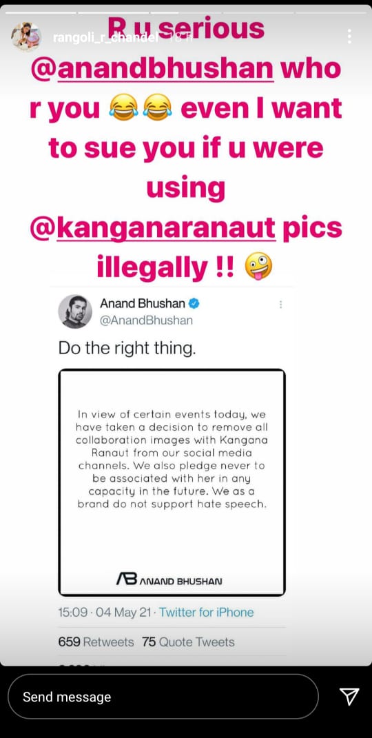 Rangoli Chandel Instagram Stories On Anand Bhushan