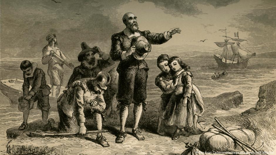 A drawing depicting the arrival of the Pilgrim Fathers on the east coast of what is now the US
