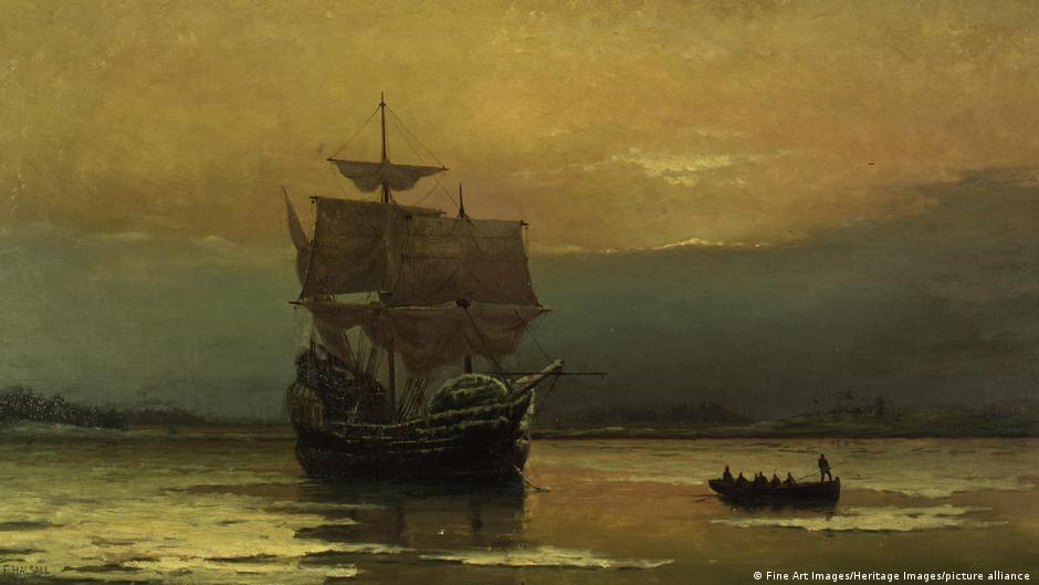 A painting of the Mayflower, on which the Pilgrim Fathers set out for the New World