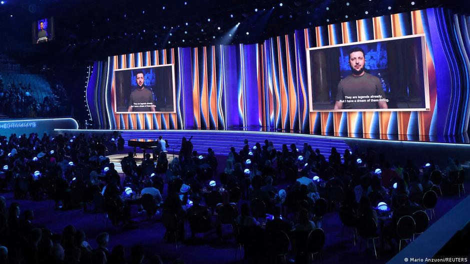 Ukraines President Zelenskyy addressed the audience at the 2022 Grammy Awards