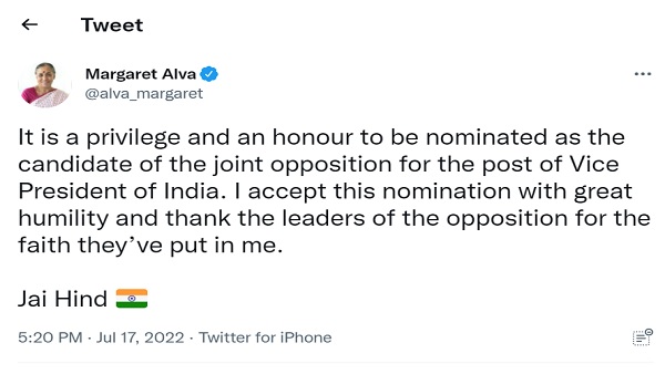 Margaret Alva is a former governor of Rajasthan and a current candidate for the joint opposition’s Vice President elections, as announced on 17 July, Sunday. The politician, who is 80 years old, will compete in the vice presidential elections on August 6 against Jagdeep Dhankhar, the nominee of the National Democratic Alliance and the current governor of West Bengal. Tomorrow on 19 July, which is the deadline for filing nominations for the election to be held on August 6, Alva would submit her nomination paperwork. She is a lawyer and is from Mangaluru, Karnataka. She served as governor of four states and was a member of both houses of parliament. The unanimous decision to run Alva for the VP elections was made at a meeting of 17 opposition party leaders at the home of Nationalist Congress Party (NCP) leader Sharad Pawar. The meeting was held for two hours. According to Pawar, with the backing of the Trinamool Congress and the Aam Aadmi Party, a total of 19 parties could be supporting Alva as their joint candidate. Facts About Margaret Alva Alva was born in Mangalore (Karnataka) on 14 April, 1942. She persuaded a BA and an LL.B. from Mt. Carmel College and Government Law College in Bengaluru. At the beginning of her career, Alva worked as a lawyer. In 1964, she wed Niranjan Alva, with whom she had three sons and a daughter. In 2018, her husband passed away due to sickness. Alvas husband and father-in-law had a big impact on her decision to go into politics in 1969. Between 1975 and 1977, she held the position of Joint Secretary of the All India Congress Committee, and between 1978 and 1980, she held the position of General Secretary of the Karnataka Pradesh Congress Committee. Alva was elected by the Congress to the Rajya Sabha four times, in 1974, 1980, 1986, and 1992. She served as the Union minister for legislative affairs, women and child development, youth and sports and human resource development during this time as well as vice-chair of the Rajya Sabha. In 1999, she won a seat in the Lok Sabha by winning the Uttara Kannada district. She then served as Rajasthans governor for two years, from May 2012 to August 2013. In 2014, she also served for a brief time as governor of Gujarat and Goa. She became the first woman governor of Uttarakhand. Her selection as the vice presidential candidate comes before the Karnataka elections to be held in 2023. This indicates the oppositions desire to nominate a candidate who is representative of a diverse country, according to AICC general secretary of communication Jairam Ramesh. Margaret Alva is a former governor of Rajasthan and a current candidate for the joint opposition’s Vice President elections, as announced on 17 July, Sunday. The politician, who is 80 years old, will compete in the vice presidential elections on August 6 against Jagdeep Dhankhar, the nominee of the National Democratic Alliance and the current governor of West Bengal. Tomorrow on 19 July, which is the deadline for filing nominations for the election to be held on August 6, Alva would submit her nomination paperwork. She is a lawyer and is from Mangaluru, Karnataka. She served as governor of four states and was a member of both houses of parliament. The unanimous decision to run Alva for the VP elections was made at a meeting of 17 opposition party leaders at the home of Nationalist Congress Party (NCP) leader Sharad Pawar. The meeting was held for two hours. According to Pawar, with the backing of the Trinamool Congress and the Aam Aadmi Party, a total of 19 parties could be supporting Alva as their joint candidate. Facts About Margaret Alva Alva was born in Mangalore (Karnataka) on 14 April, 1942. She persuaded a BA and an LL.B. from Mt. Carmel College and Government Law College in Bengaluru. At the beginning of her career, Alva worked as a lawyer. In 1964, she wed Niranjan Alva, with whom she had three sons and a daughter. In 2018, her husband passed away due to sickness. Alvas husband and father-in-law had a big impact on her decision to go into politics in 1969. Between 1975 and 1977, she held the position of Joint Secretary of the All India Congress Committee, and between 1978 and 1980, she held the position of General Secretary of the Karnataka Pradesh Congress Committee. Alva was elected by the Congress to the Rajya Sabha four times, in 1974, 1980, 1986, and 1992. She served as the Union minister for legislative affairs, women and child development, youth and sports and human resource development during this time as well as vice-chair of the Rajya Sabha. In 1999, she won a seat in the Lok Sabha by winning the Uttara Kannada district. She then served as Rajasthans governor for two years, from May 2012 to August 2013. In 2014, she also served for a brief time as governor of Gujarat and Goa. She became the first woman governor of Uttarakhand. Her selection as the vice presidential candidate comes before the Karnataka elections to be held in 2023. This indicates the oppositions desire to nominate a candidate who is representative of a diverse country, according to AICC general secretary of communication Jairam Ramesh.