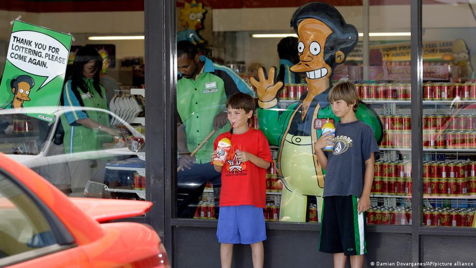 Apu Nahasapeemapetilon — seen here pasted against the window — was a popular character on The Simpsons