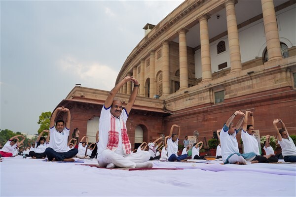 Lok Sabha Speaker Om Birla and others perform yoga on International Yoga Day 2023