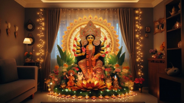 Navratri 2025 Home Mandir Setup Simple Kalash Sthapana Creative Rangoli Lighting And Floral Ideas