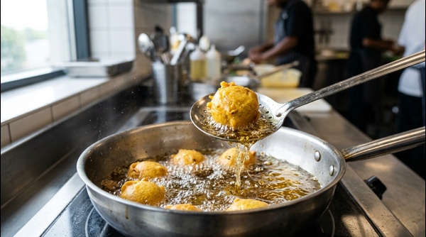 A platter of finished aloo bondas with dipping sauces on a modern kitchen counter A platter of finished aloo bondas with dipping sauces on a modern kitchen counter