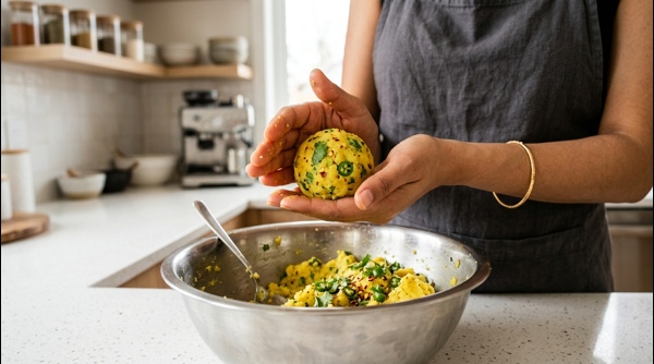 Mashed potatoes being mixed with spices and green chilies in a modern bowl Mashed potatoes being mixed with spices and green chilies in a modern bowl