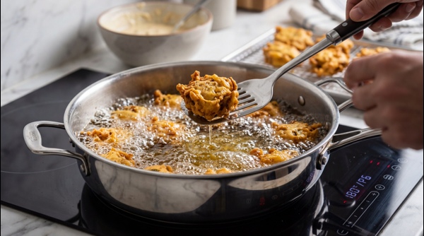 A pile of crispy aloo pakora served with spicy dip in a modern bowl
