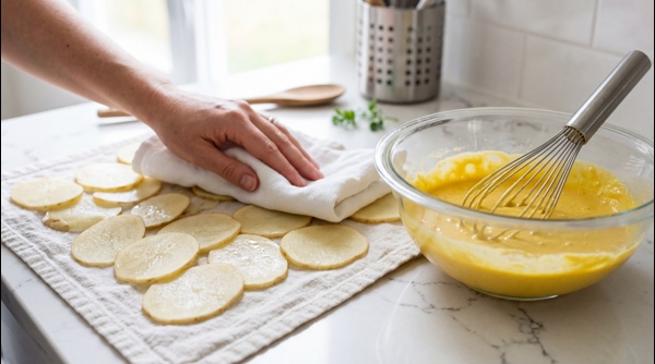 Thinly sliced potatoes drying on a clean kitchen towel
