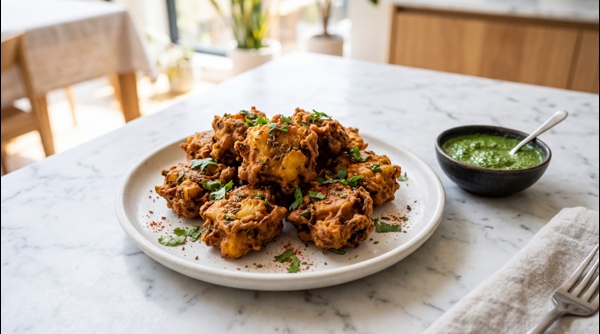A platter of golden brown crispy aloo pakora served with green chutney