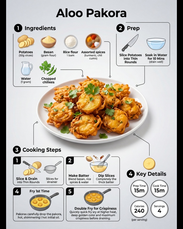 A platter of golden brown crispy aloo pakora served with green chutney
