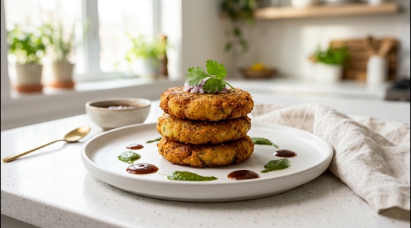Crispy golden brown Aloo Tikki served on a modern white plate with green chutney and tamarind sauce Crispy golden brown Aloo Tikki served on a modern white plate with green chutney and tamarind sauce