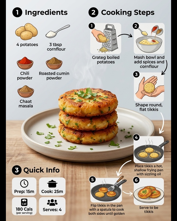 Crispy golden brown Aloo Tikki served on a modern white plate with green chutney and tamarind sauce Crispy golden brown Aloo Tikki served on a modern white plate with green chutney and tamarind sauce