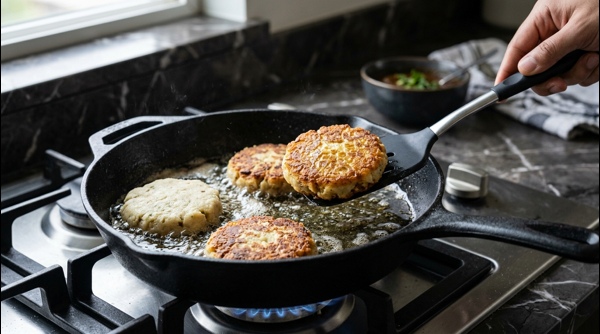 Aloo tikkis shallow frying in a modern skillet until golden brown Aloo tikkis shallow frying in a modern skillet until golden brown