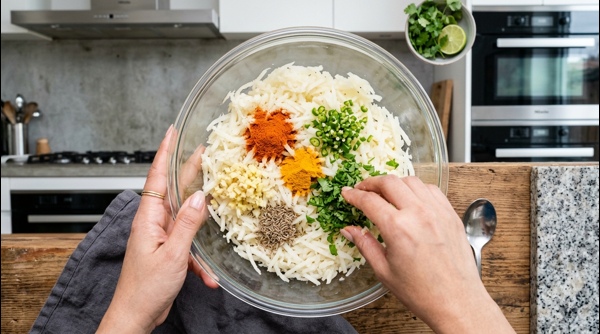 Grated boiled potatoes in a glass bowl with spices being added Grated boiled potatoes in a glass bowl with spices being added