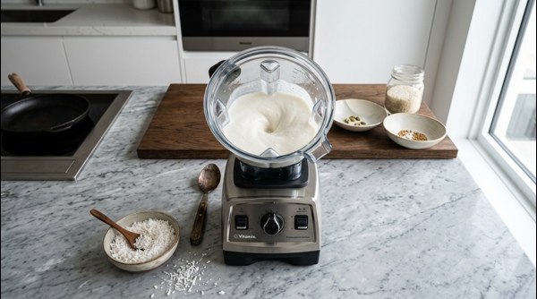 Rice and coconut being blended into a smooth white batter in a modern blender Rice and coconut being blended into a smooth white batter in a modern blender