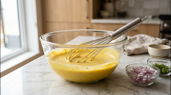 Mixing chickpea flour and spices in a modern glass bowl with a whisk