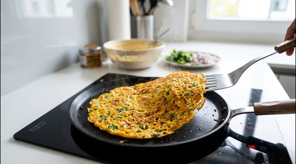 A golden besan chilla being flipped on a modern flat induction pan