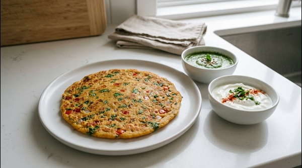 A golden brown Besan Chilla served on a white plate with mint chutney and yogurt