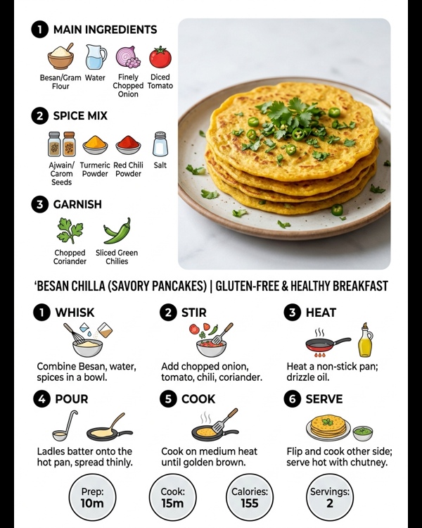 A golden brown Besan Chilla served on a white plate with mint chutney and yogurt