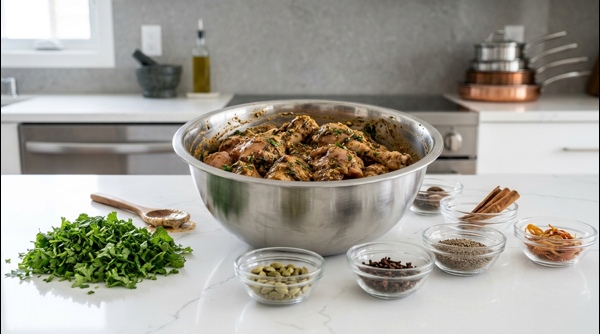 Marinated chicken in a bowl with yogurt and Indian spices