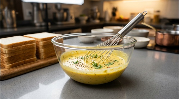 Whisking gram flour and spices in a modern glass bowl Whisking gram flour and spices in a modern glass bowl