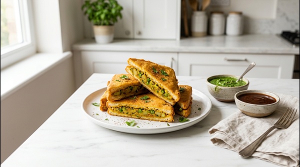 Golden brown crispy bread pakora served with green chutney on a white plate Golden brown crispy bread pakora served with green chutney on a white plate