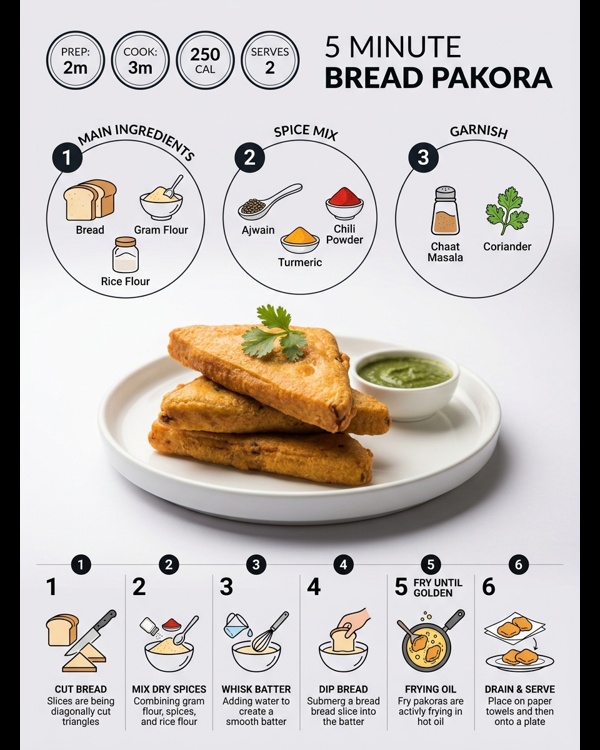 Golden brown crispy bread pakora served with green chutney on a white plate Golden brown crispy bread pakora served with green chutney on a white plate