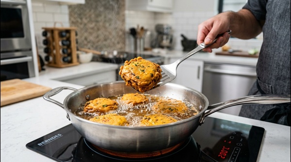 Frying bread pakoras in a modern stainless steel pan until golden Frying bread pakoras in a modern stainless steel pan until golden