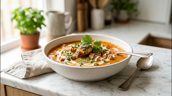A creamy bowl of restaurant style butter chicken garnished with fresh cream and cilantro