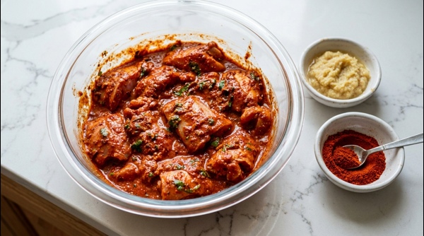 Marinated chicken pieces in a glass bowl with red spices and yogurt